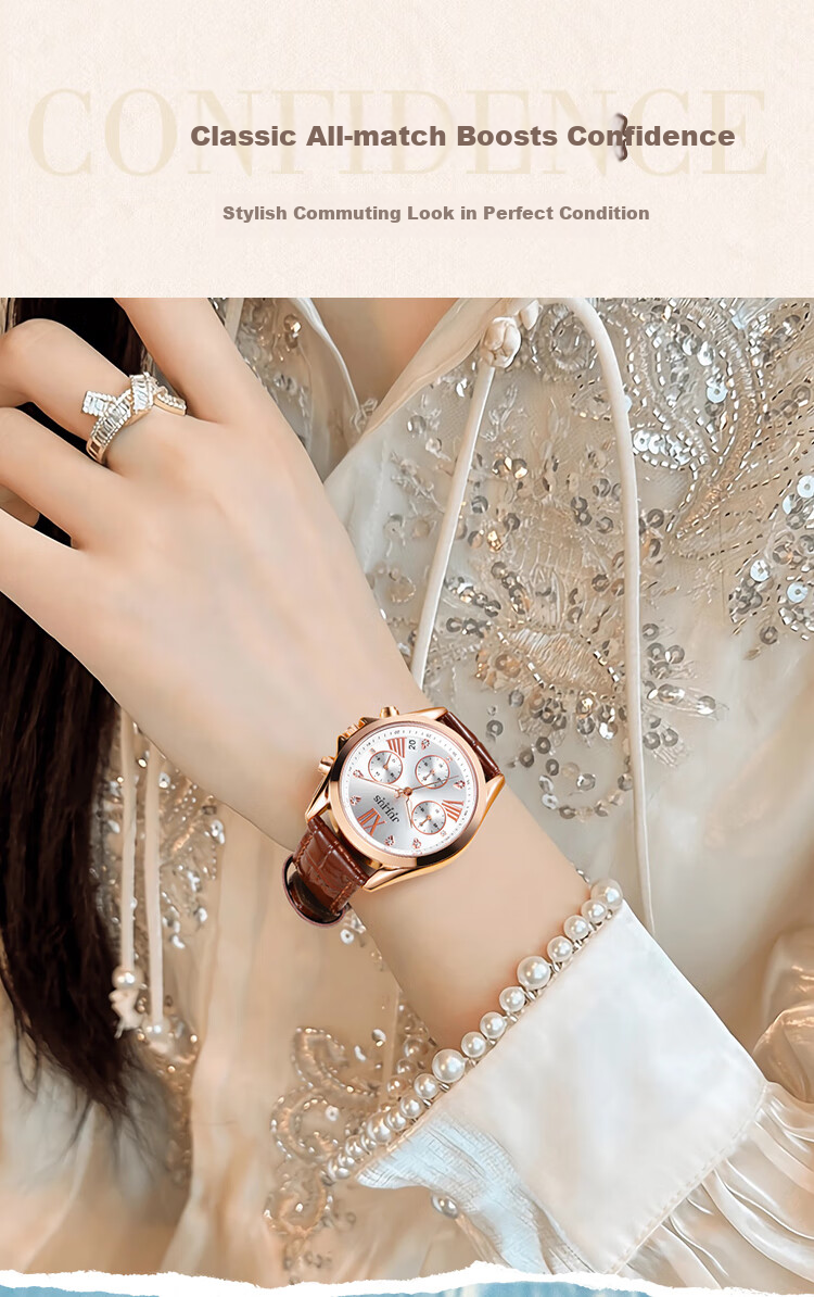 Julius Women's Watch with Calendar, Multifunctional Elegant Diamond-Studded Quartz Watch, Waterproof Ladies' Wristwatch, Brown JA-1482C 10