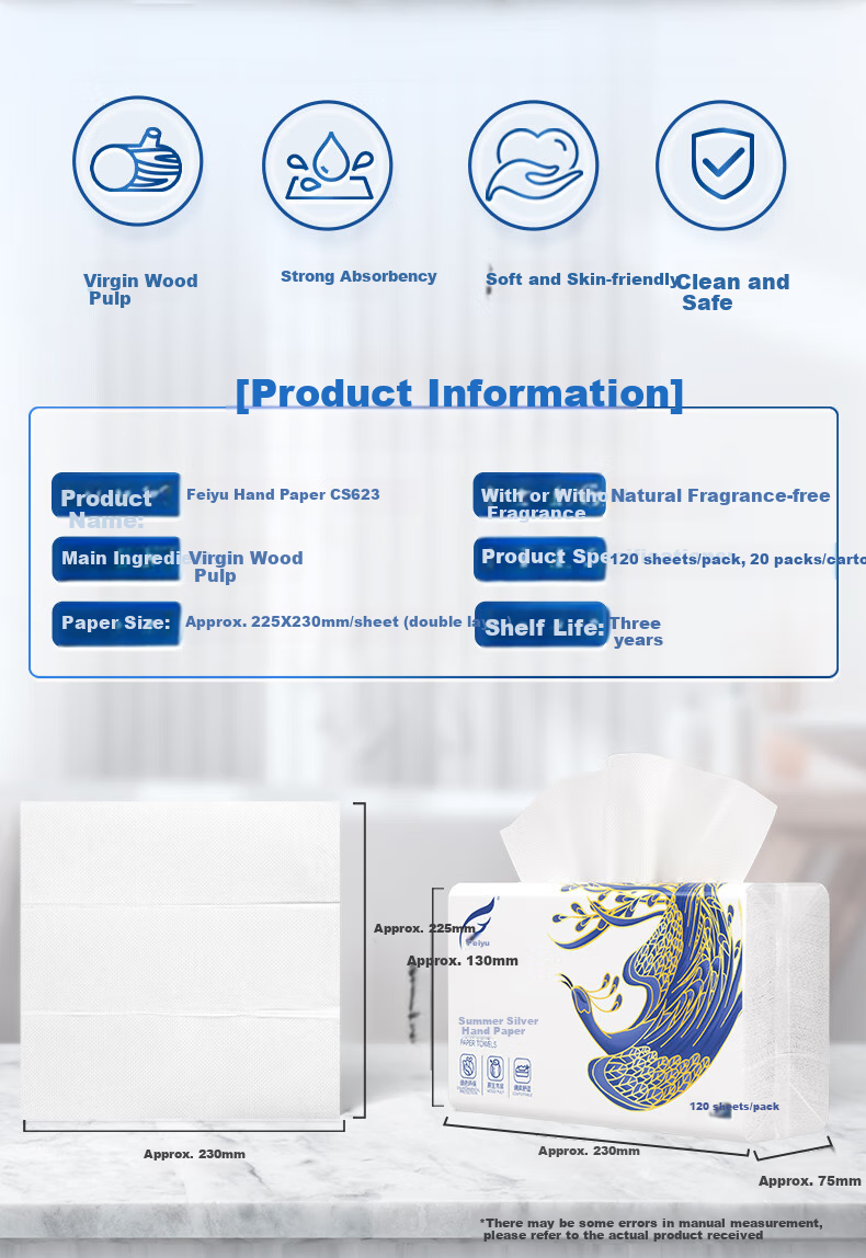 Feiyu Commercial Hand Towels, Double-Layer, 120 Sheets * 20 Packs, Hotel Thickened Dry Hand Tissues, Kitchen Paper, Whole Box CS623 2