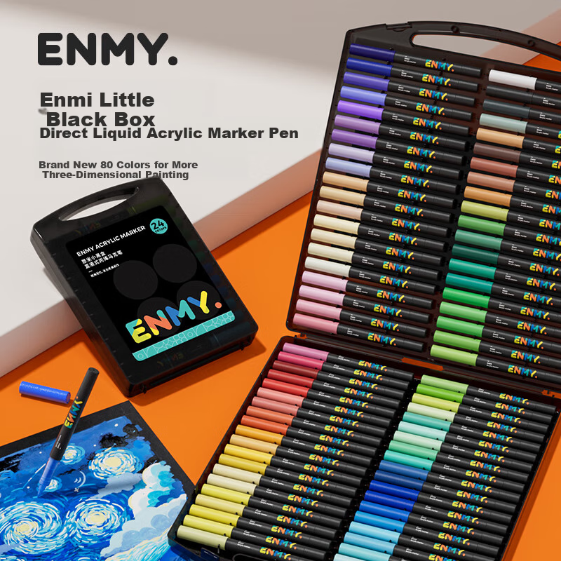 Enmi Enmy80 Colorful Mini Black Box Direct Liquid Acrylic Markers with Gift Bag, Soft Tip, Controllable Ink, Washable, Colored, for Primary School Students' Art Education, High Coverage Watercolor Pens, Birthday Gift