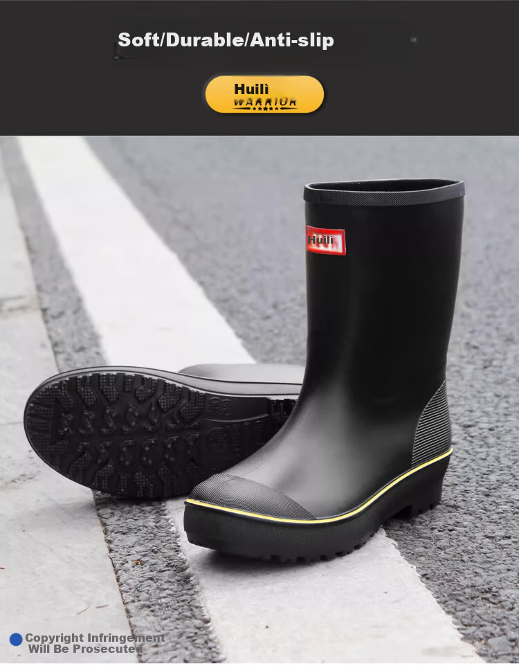 Huili Men's Stylish Rain Boots, Waterproof Car Wash Shoes, Durable Fishing Rubber Shoes, Black Drawstring, Size 44 1