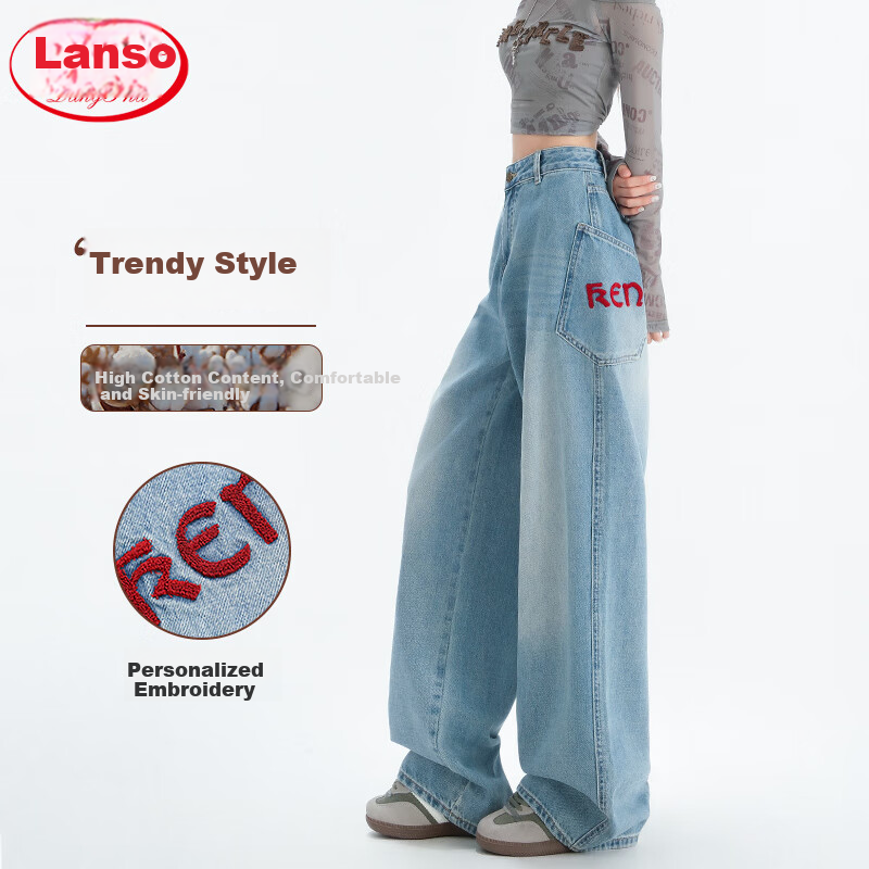 LangSha Embroidered Wide-Leg Jeans for Women, Spring 2025 Thin Vintage Style with Large Pockets, High-Waisted Washed Straight-Leg Jeans