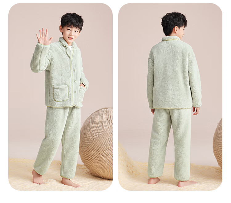 Hodohome Girls' Antibacterial and Anti-Mite Fleece Thickened Far-Infrared Warm Bubble Fleece Stand Collar Pajamas 702 Size 140 19