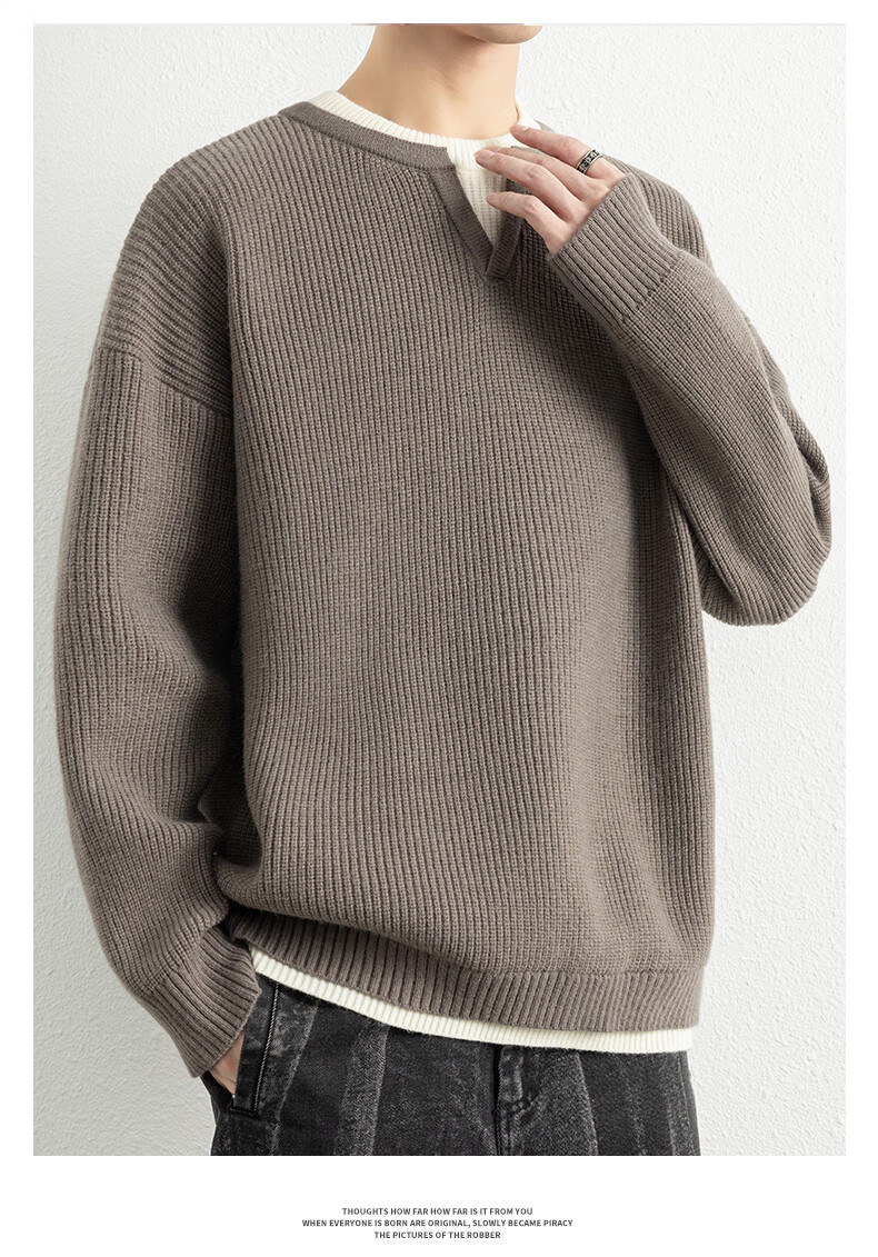 ROMON Men's Autumn Thickened Knitted Sweater, Round Neck, Fake Two-Piece Casual Versatile Pullover, Black 3XL ZH6012 10