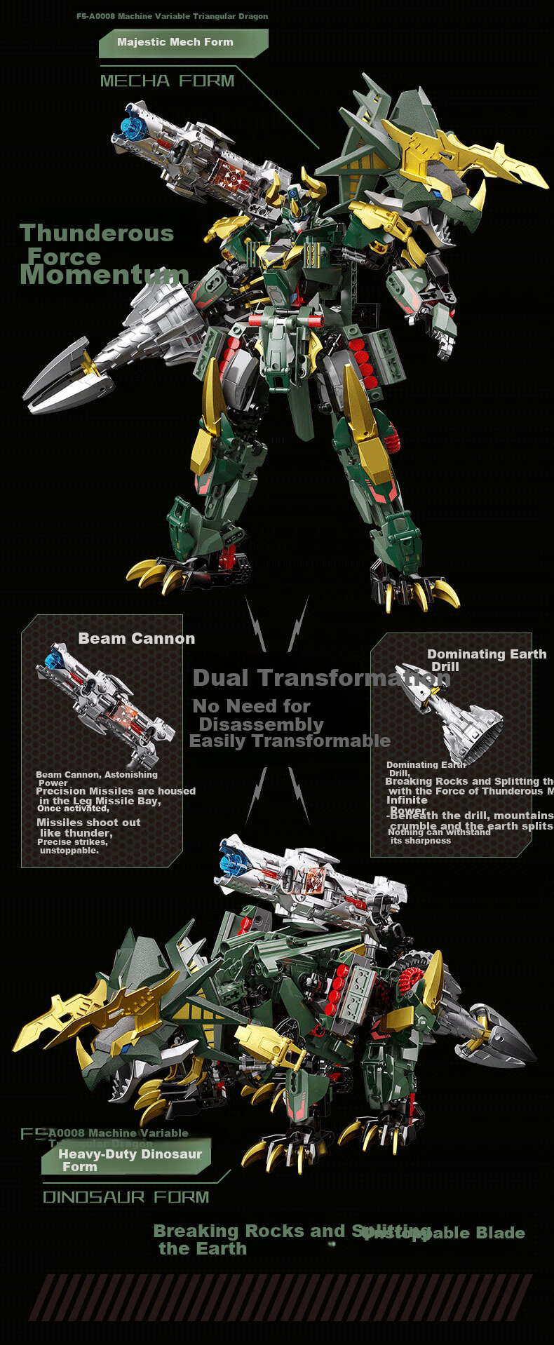 F5 Yilong Dinosaur Building Blocks, Transforming Robot, Direct Transformation Gundam Mecha, Children's Toy, Gift for Boys' Birthday 8