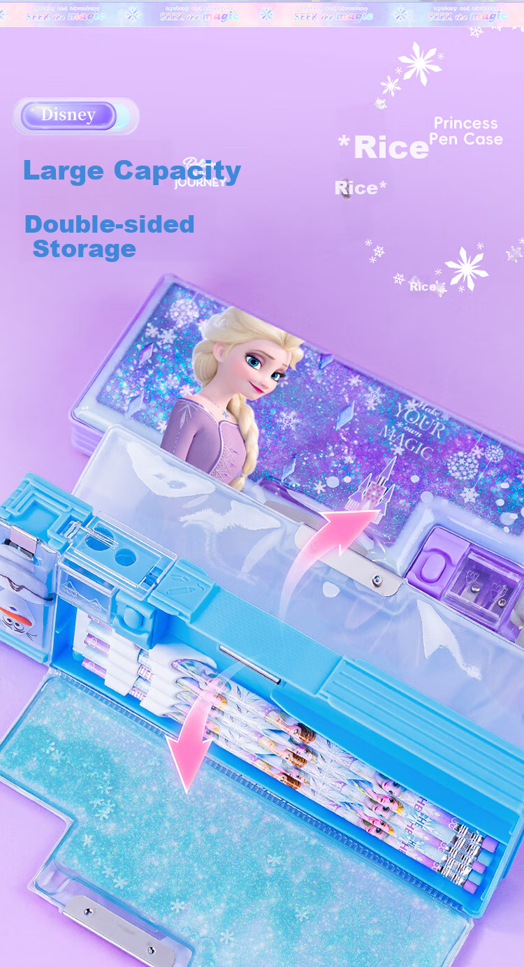Disney Sand Art Pencil Case for Girls, Children And Elementary School Students, Multifunctional Plastic Pencil Box with Double Layers, School Supplies, Elsa Princess Graduation Gift 4