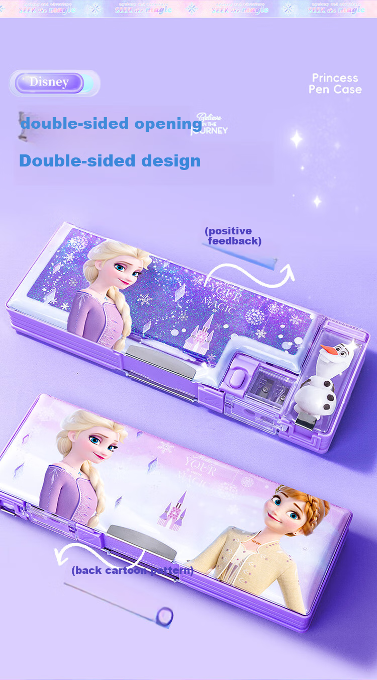 Disney Sand Art Pencil Case for Girls, Children And Elementary School Students, Multifunctional Plastic Pencil Box with Double Layers, School Supplies, Elsa Princess Graduation Gift 8
