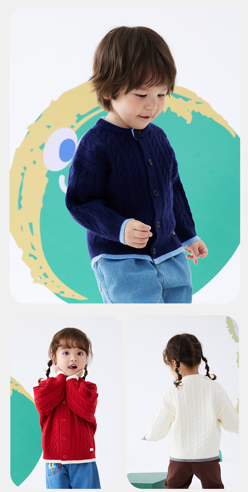 BOBDOG Kids Cardigan Sweater Autumn Winter New Warm Round Neck Knitwear Boys Girls Versatile Base Layer Knit Shirt 2