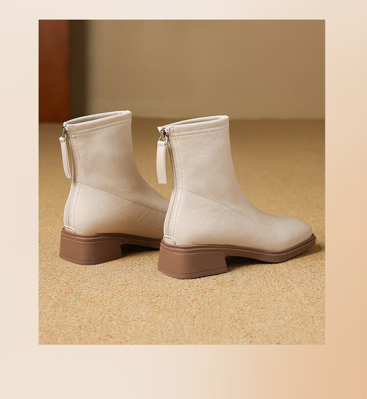 ZHR Women's Square Toe Short Boots 2025 Winter New Plush Stylish Ankle Boots Slim Fit BL663A Brown Size 37 17