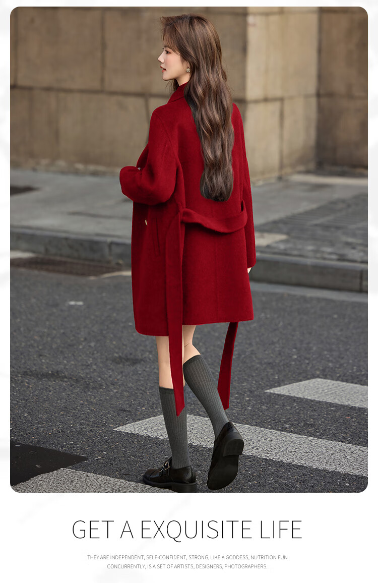 Bailuyu Qianjinfeng Wool Blend Double-Sided Woolen Coat 25 Winter New Year Red Mid-Length Elegant Women's Coat Red M 11