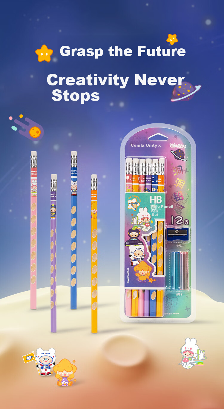 COMIX Mini World 12 Triangular Pencil with Eraser Tip, 1 Pencil Sharpener + 2 Grip Holders, HB Black MWMP0029-12 1