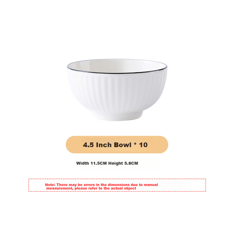 Hechuanwu Ceramic Bowls, Simple Pure White Small Bowls for Home Use, 4.5-Inch Rice Bowls And Soup Bowls Set, 10-Piece Set, Vertical Black Lines
