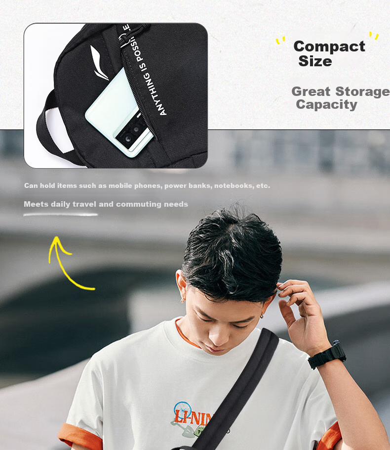 Li-Ning Crossbody Bag, Running Waist Pack, Shoulder Bag for Men And Women, Large Capacity Chest Bag for Men, Gift Satchel, Portable Small Bag, Black 6