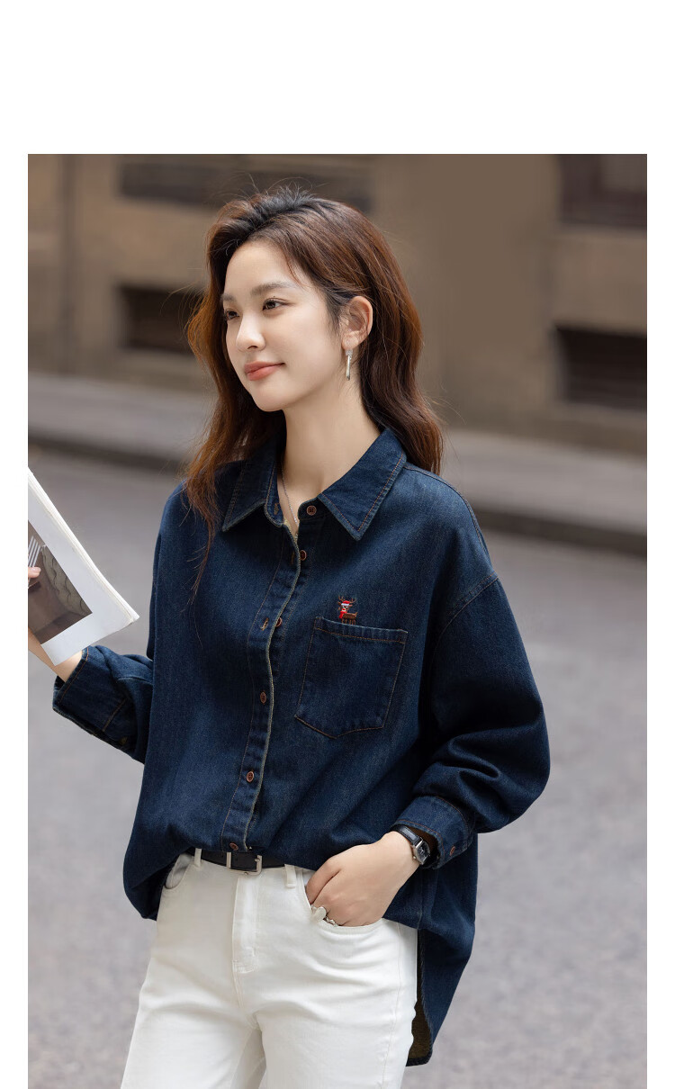 Demana [Warm Brushed Cloud Cotton] Winter Lapel Denim Shirt with Deer Embroidered Pocket Loose Fit Women's Top 2