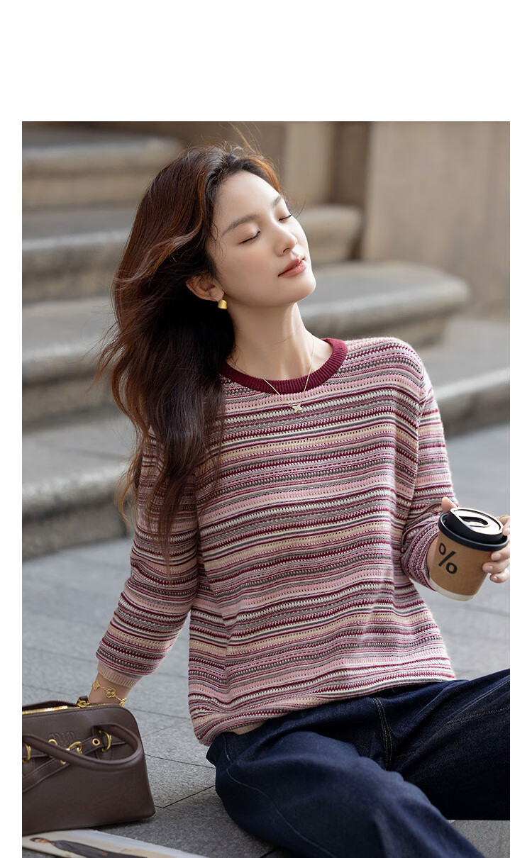 Demana Winter Vintage Crew Neck Colorblock Striped Jacquard Knit Sweater Loose Fit Wool Blend Women's Top 2