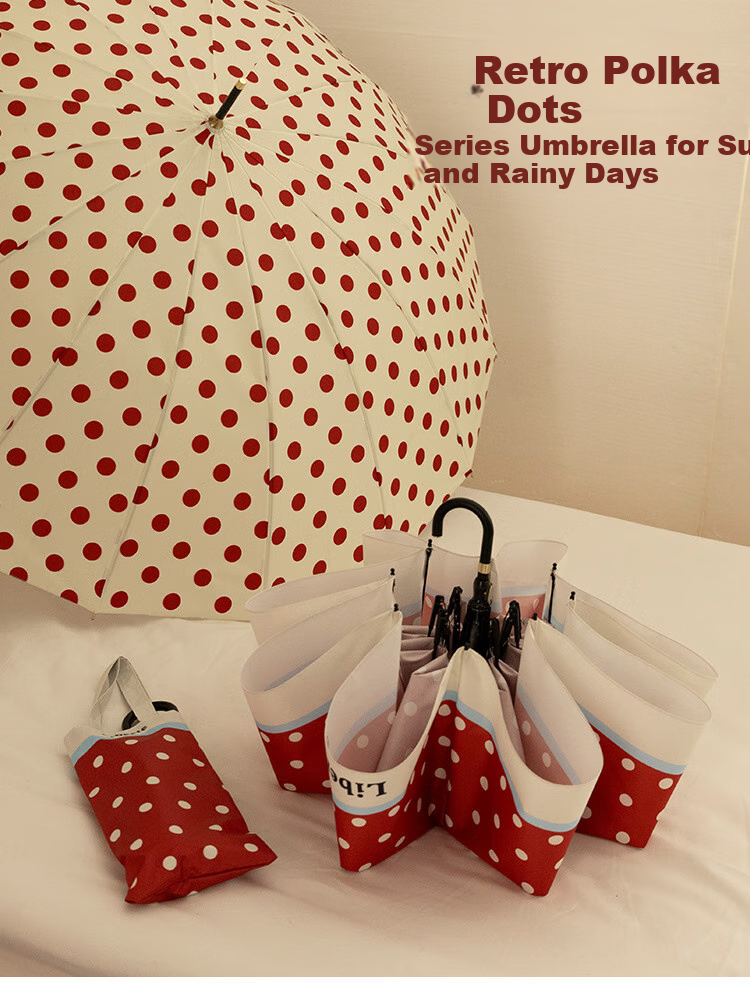 Fanyejia Vintage Hong Kong Style Sun Umbrella, Dual-Use for Sunny And Rainy Days, French Polka Dot Design, Sun Protection, UV Protection, Foldable, Curved Hook, Women's Sunshade Umbrella 1