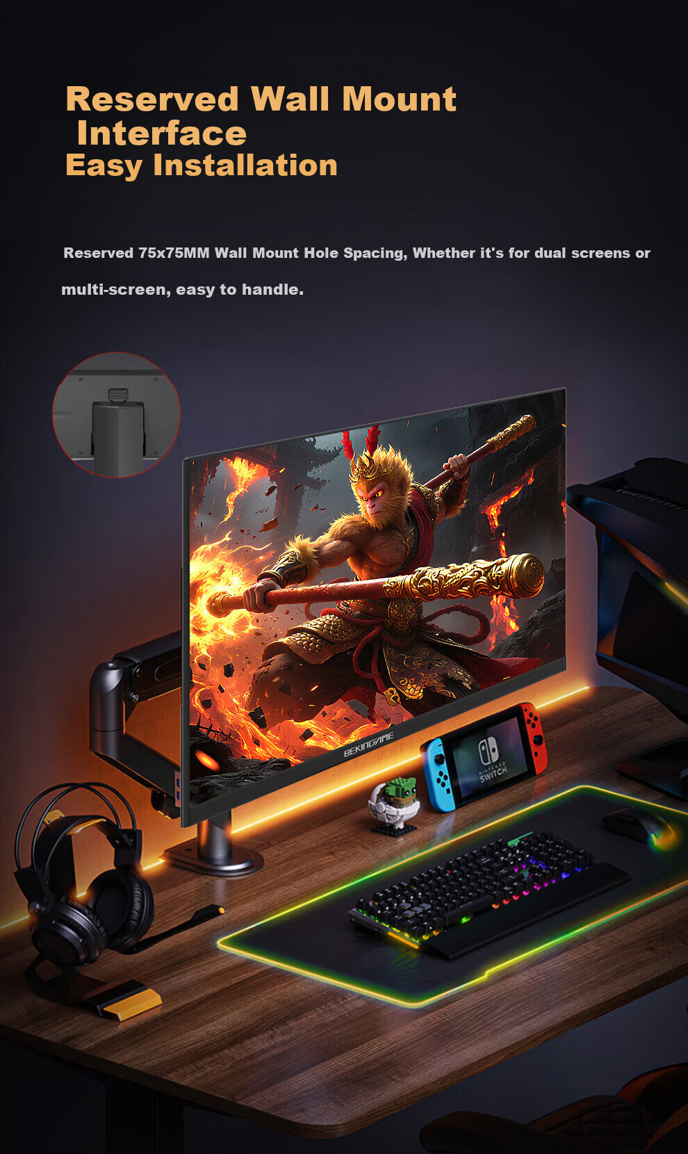 BeeKing Gaming 27-inch 100Hz Monitor 1K HD Large Screen Office Computer Display HDMI Home Entertainment Gaming Screen Design Secondary Screen VGA Extended Screen 75Hz 23