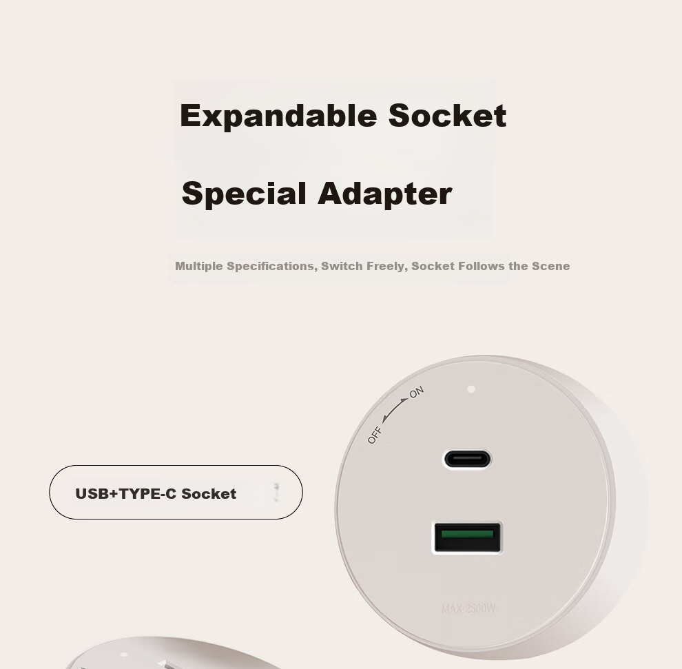 AUX KZ-GQY011 Multi-Outlet Adapter with Independent Switches, Dual USB And Type-C Ports, No Wiring Required, Gray Color, Safe Split Control, 3C Certified, Left Expansio 7