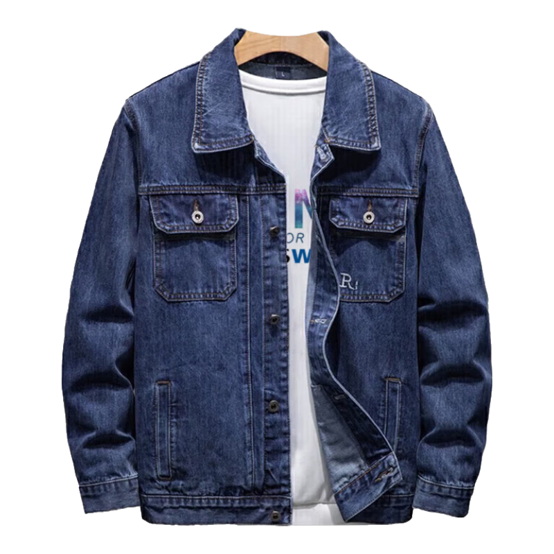 Jeanswest Men's Jacket 2026 Spring Summer Trendy Embroidered Youth Workwear Long Sleeve Denim Coat Loose Fit Dark Blue 4XL