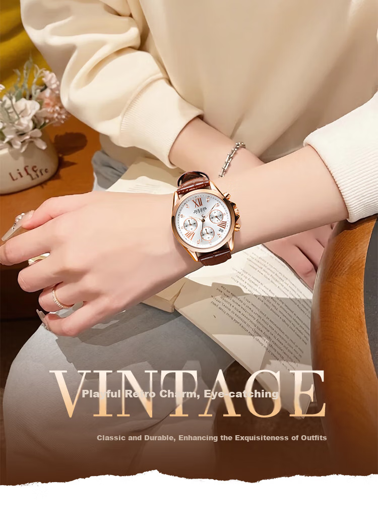 Julius Women's Watch with Calendar, Multifunctional Elegant Diamond-Studded Quartz Watch, Waterproof Ladies' Wristwatch, Brown JA-1482C 1