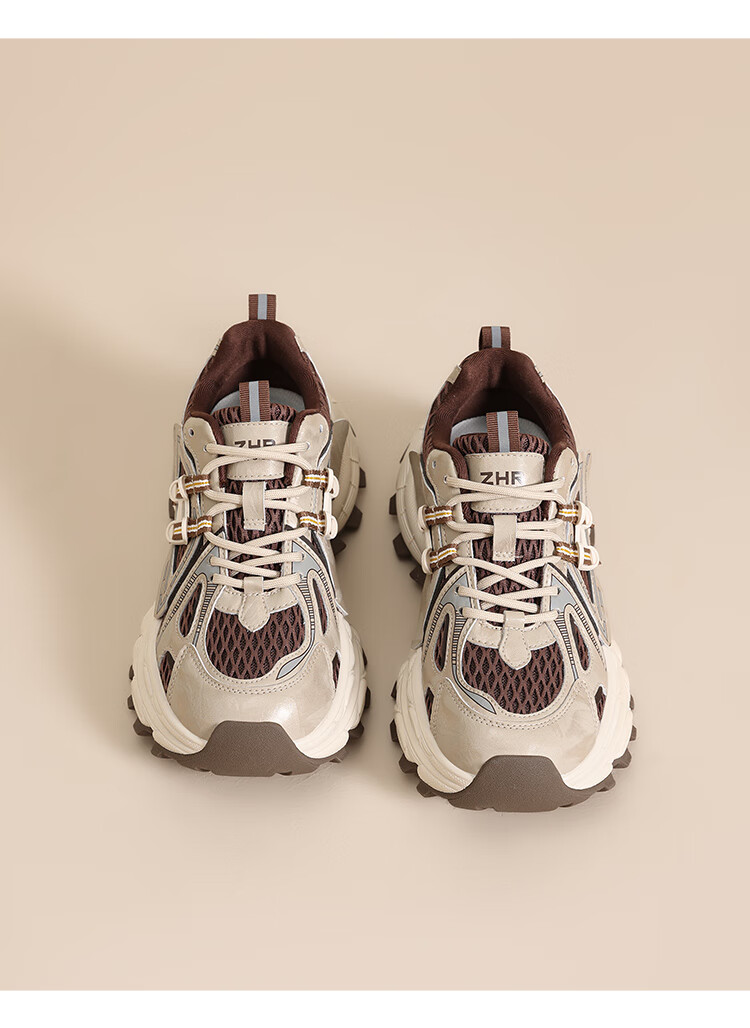 ZHR Chunky Dad Sneakers for Women, Lightweight with Hidden Heel, Retro Versatile Casual Sports Shoes for Women, KS251 Brown Size 38 9