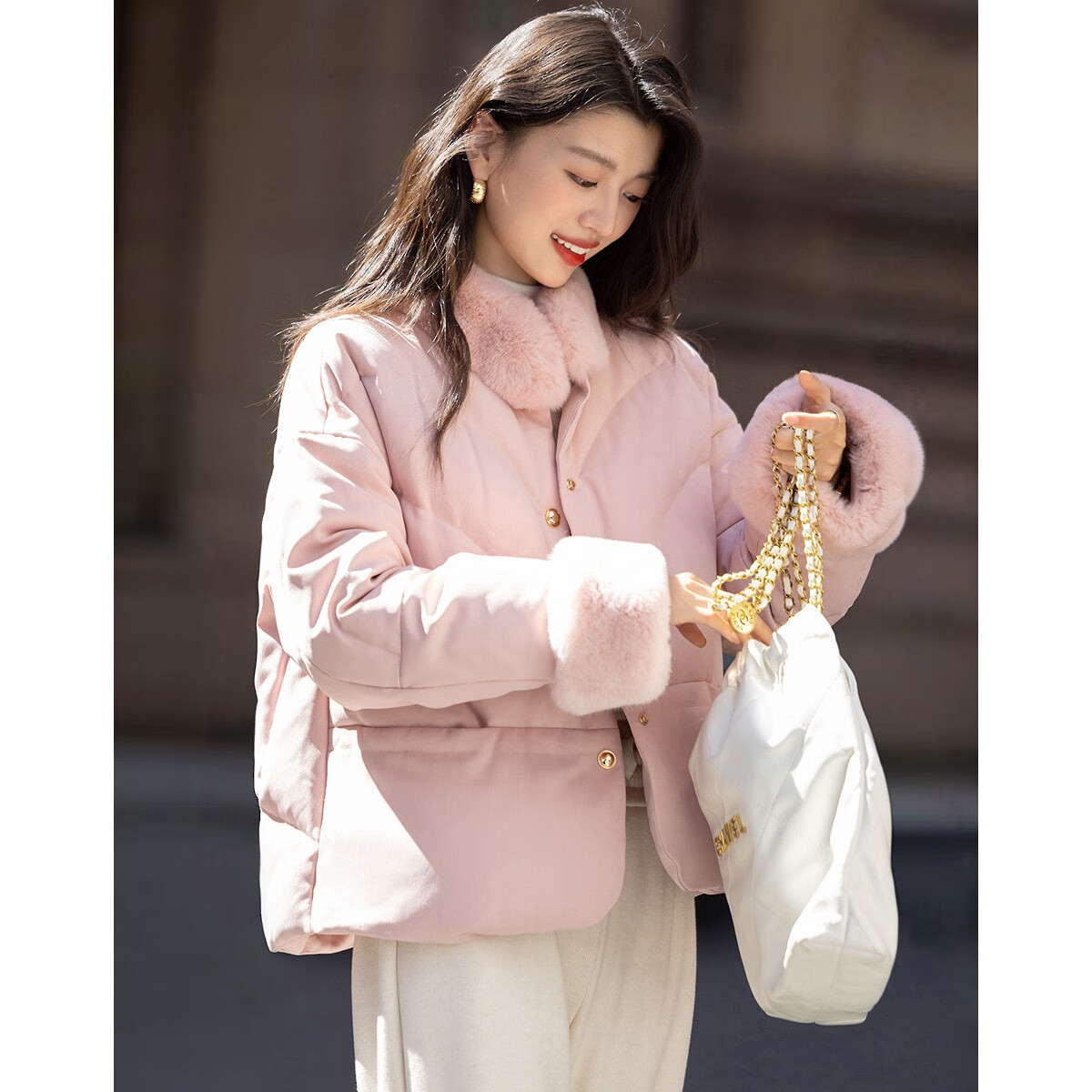 Demana Gentle Cold-Resistant Winter Lightweight Aesthetic 90% Duck Down and Rex Rabbit Fur Stand Collar Double-Breasted Women's Down Jacket