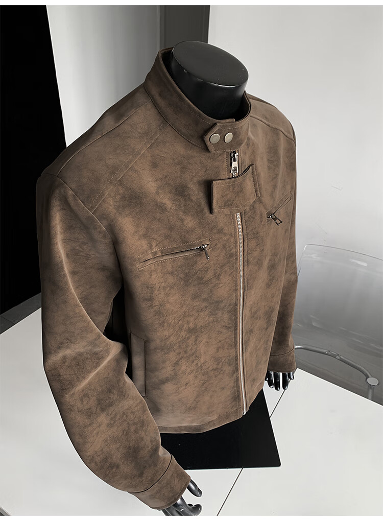 IZEXX Men's American Style Tie-Dye Jacket Autumn Winter Stand Collar Trendy Shoulder Motorcycle Leather Jacket ZGJ58 Black XL 10