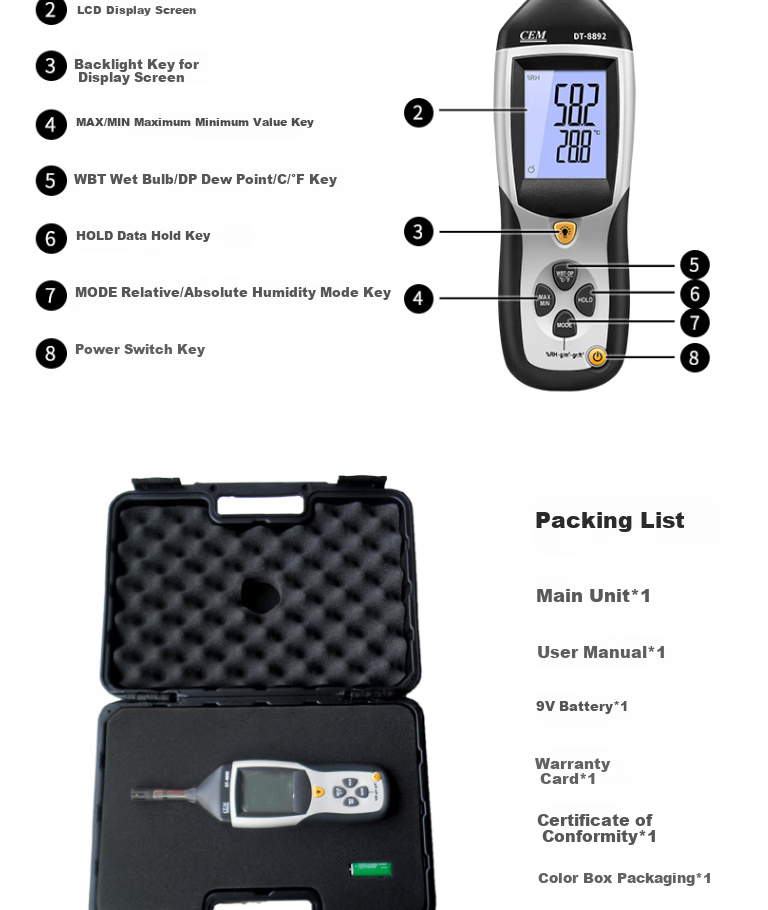 CEM DT-8892 Temperature And Humidity Tester, Digital Display Thermometer And Hygrometer, Industrial-Grade Portable Temperature And Humidity Meter 5