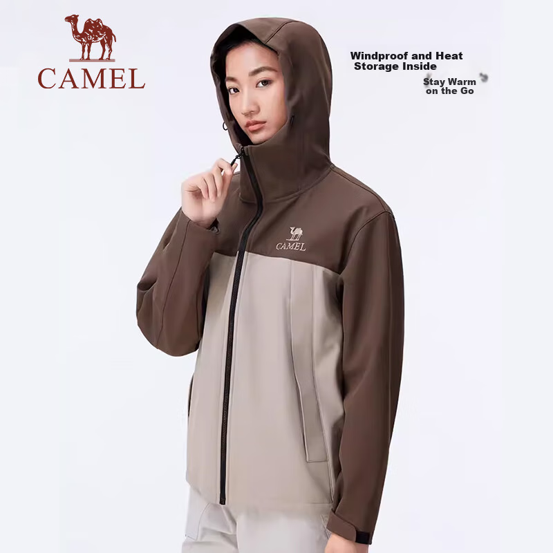 CAMEL Outdoor Softshell Jacket, Unisex Hooded Water-Repellent Windproof Mountaineering Hiking Coat, A34CZ01797, Size M