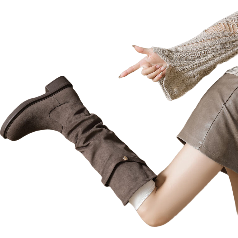 DAPHNE Melard Stacked Knee-High Boots Women 2025 New Tall Boots High Shaft Riding Boots Khaki Fleece Lined Size 38