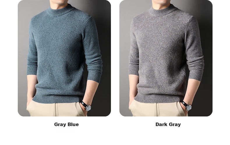 Hengyuanxiang Men's 100% Pure Wool Sweater, Thick Knit Pullover for Autumn And Winter, Round Neck Base Layer, Knitted Sweater 9