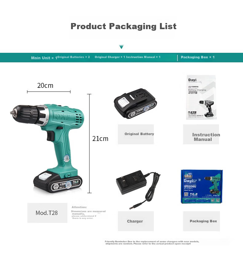 Dayi Handheld Electric Drill, 20V Rechargeable Electric Drill, Electric Screwdriver Tool Set, T28 Lithium Battery Handheld Drill, Sold by JD 7