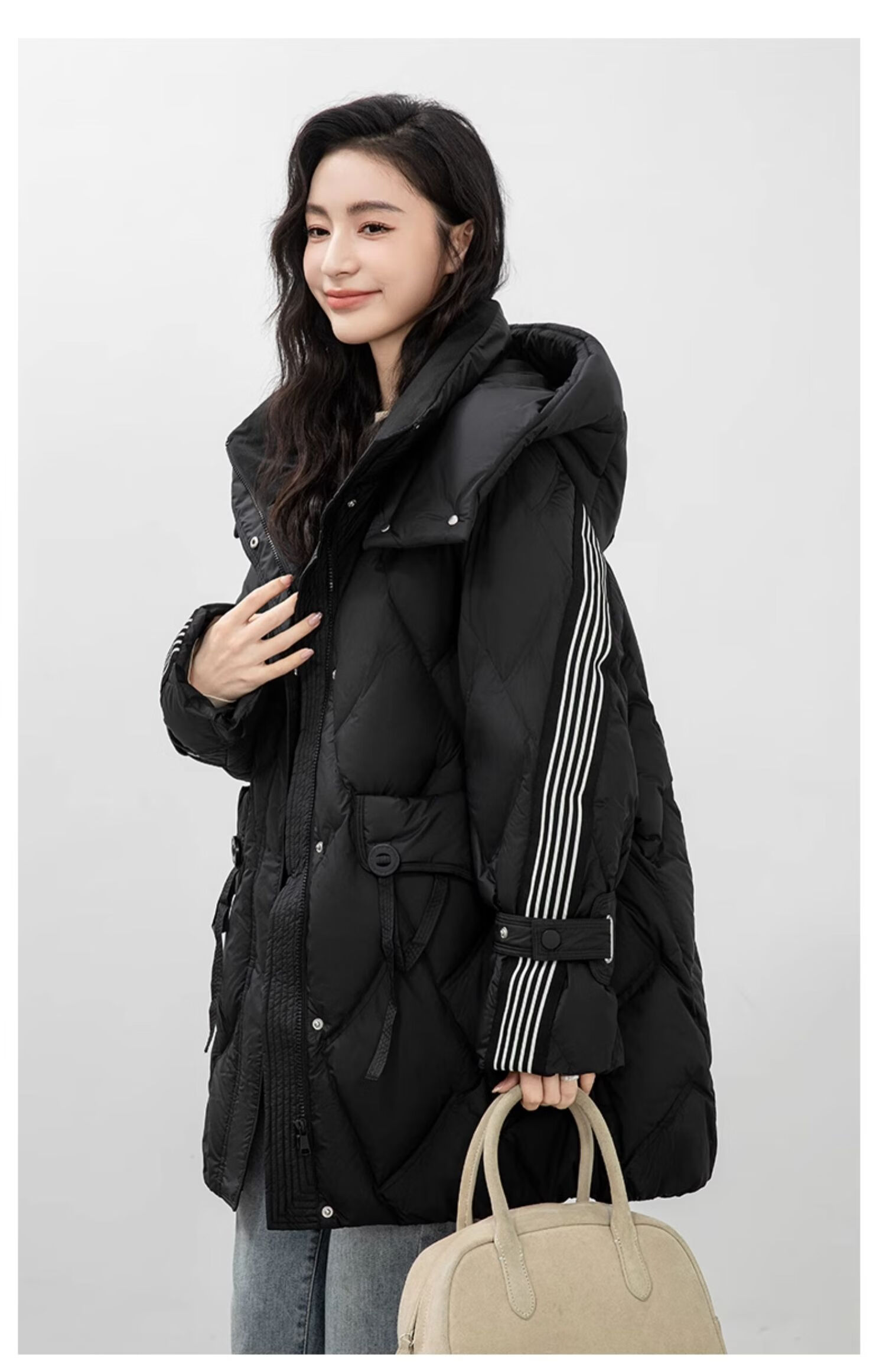 BLOOM FLOWERS Women's Down Jacket 2025 Winter Mid-Length Solid Color Striped Fashion Casual Hooded Warm Coat 34