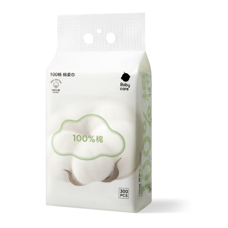 Babycare 100% Cotton Baby Soft Wipes Thickened Large Face Towels Dual-use Dry and Wet Pure Cotton 300 Sheets 1 Pack