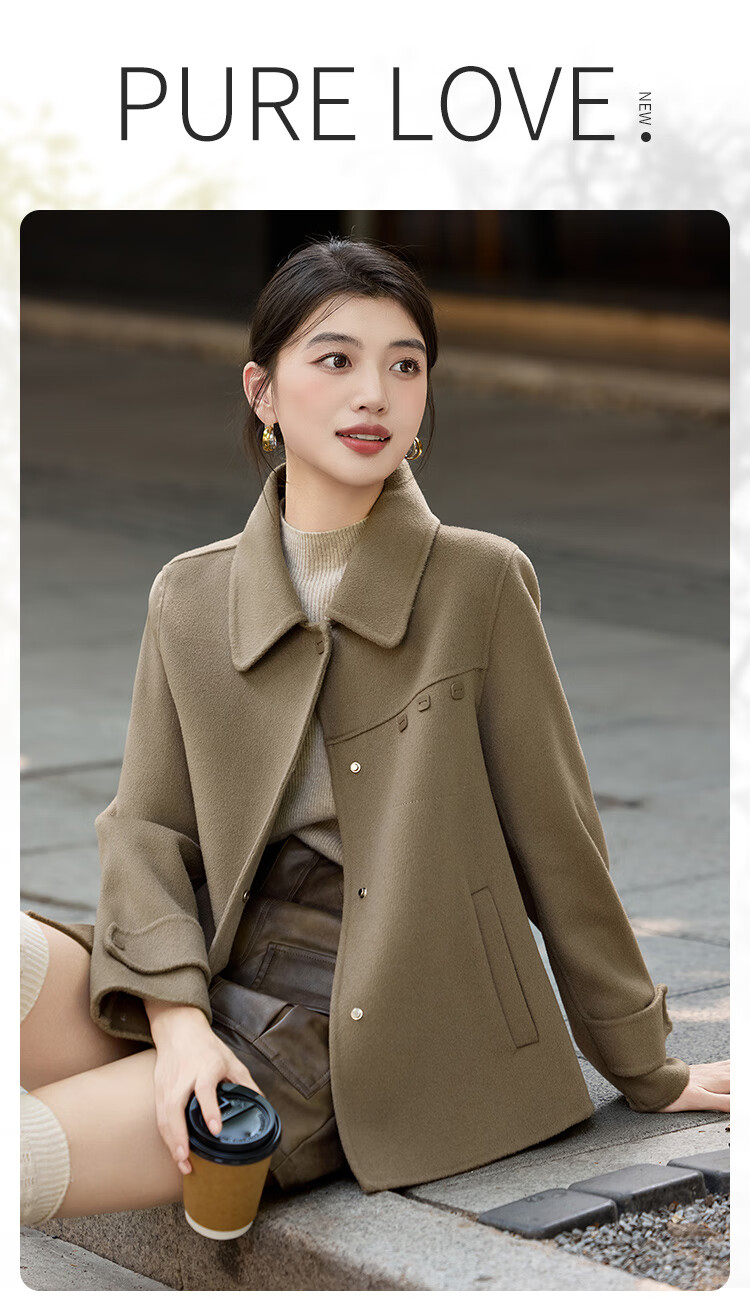LOUISYAO Minimalist 100% Wool Short Coat 25 Winter New Fashion Slim Double-Sided Woolen Jacket Women Khaki Green M 1
