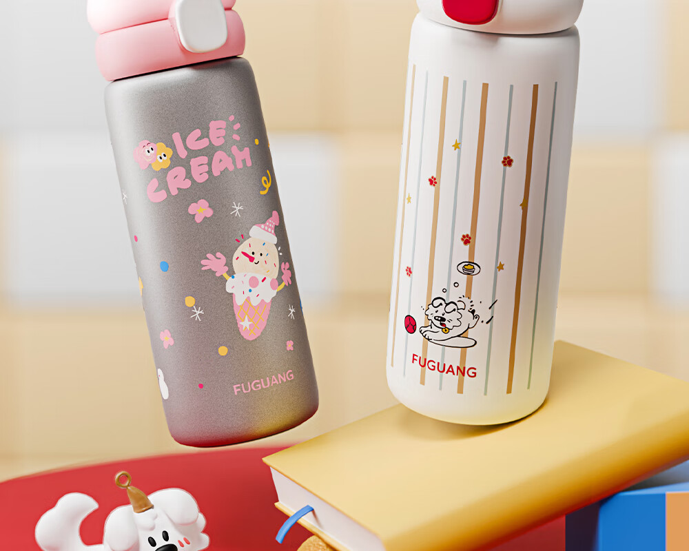 FGA Fugang Children's Day Insulated Bottle 316L Stainless Steel Straw Maternity Water Cup Student Portable Flip Lid Cup Silver Pink 2