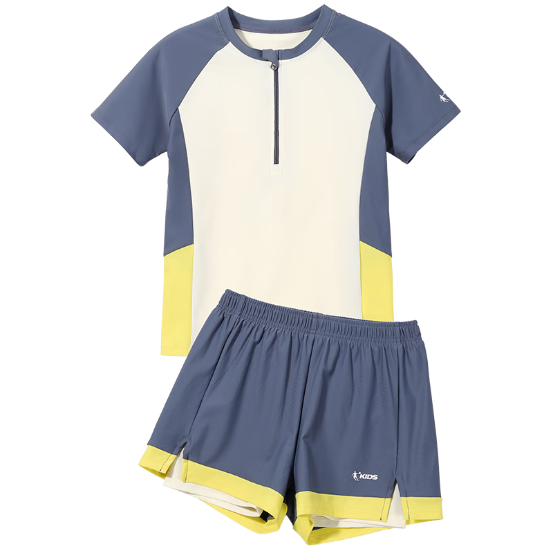 QIAODAN Boys' Two-Piece Swimwear Double-Layer Swimming Shorts Set Beach Hot Spring Children's Swimsuit Blue 175