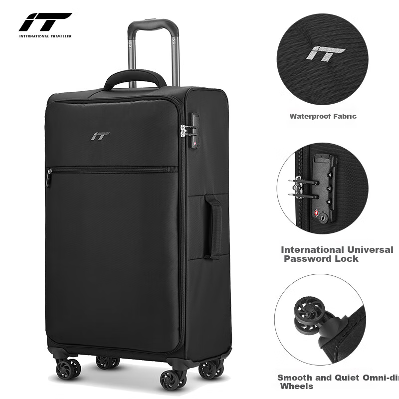 INTERNATIONAL TRAVELLER British IT Suitcase Carry-On Luggage with Spinner Wheels, Ultra-Light Travel Case, 20-Inch Soft Fabric Suitcase, 1191 Black