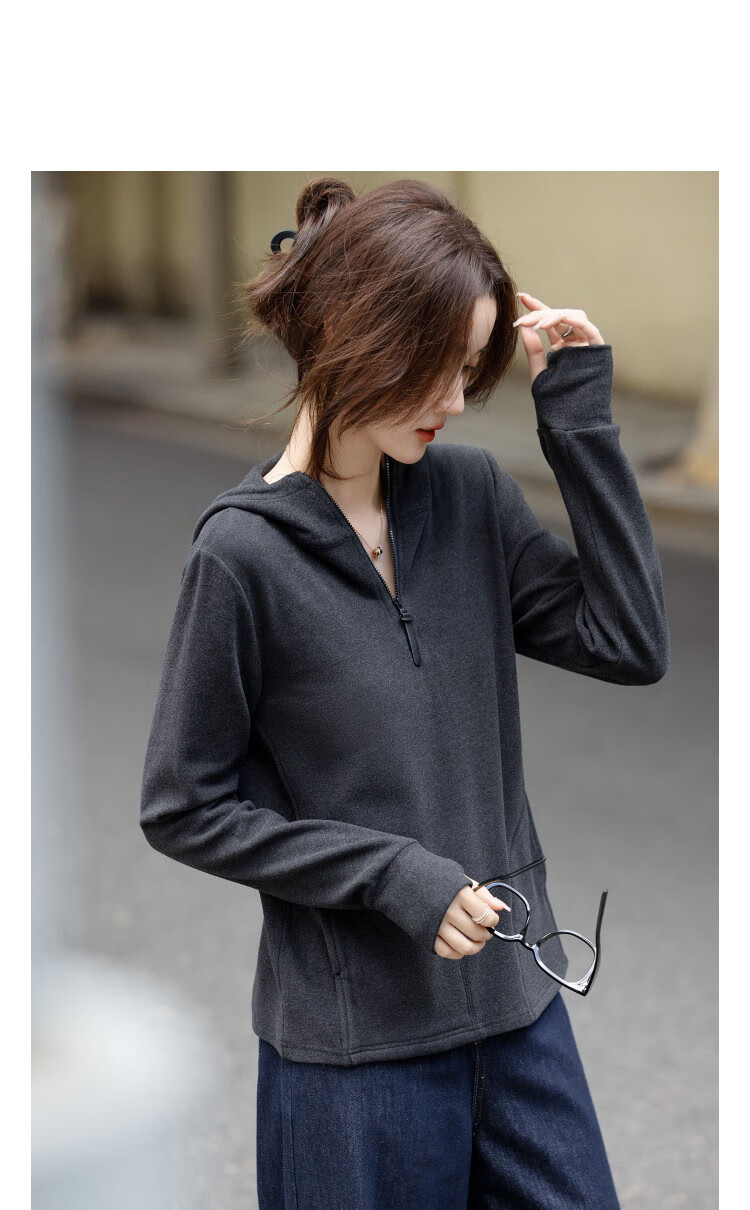 Demana [Minimalist Style] Autumn Korean Hooded Half-Zip Loose Stretchy Comfortable Petite Sweatshirt for Women 2