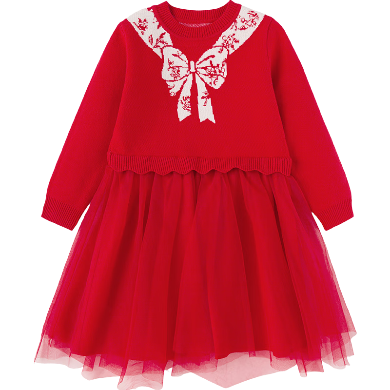 BALABALA Girls' Mesh Princess Dress Spliced Red New Year Celebration Dress for Girls