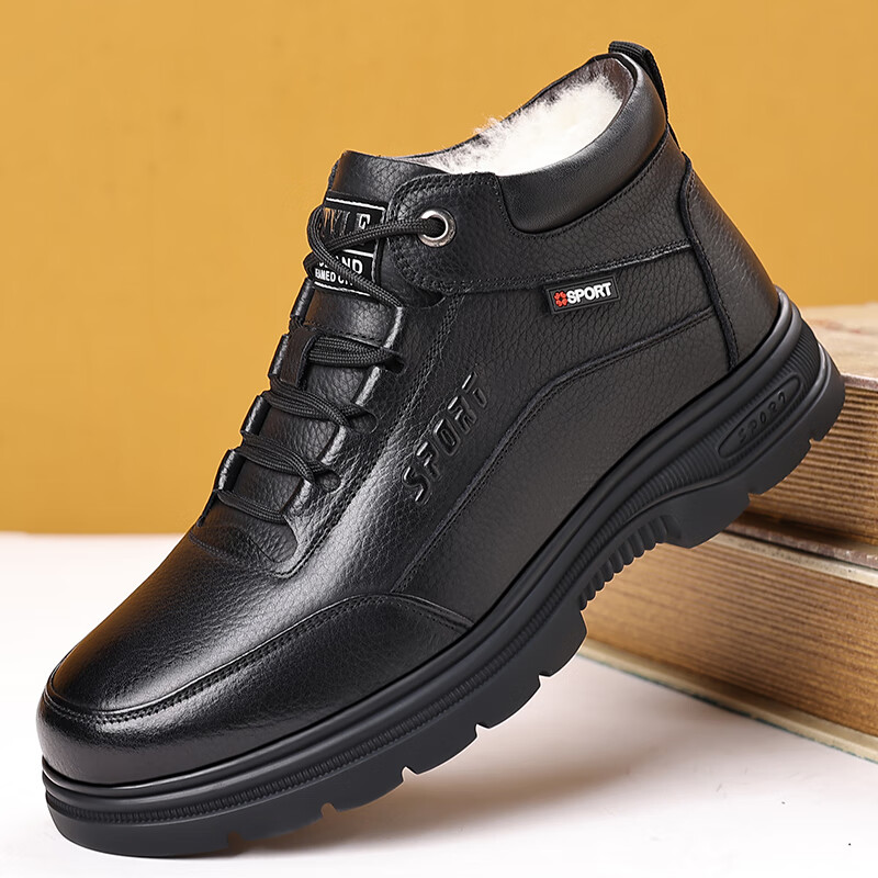 Hengyuanxiang Men's First Layer Cowhide Lace-up Martin Boots with Fleece Lining Autumn Winter Cotton Shoes J63803 Black 43