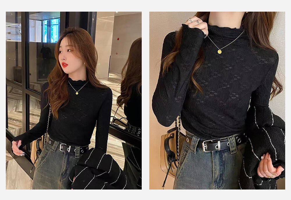 Modal Lace Base Layer Top for Women 2026 New Fleece Thickened Autumn Winter Half Turtleneck White Mesh Shirt White 13
