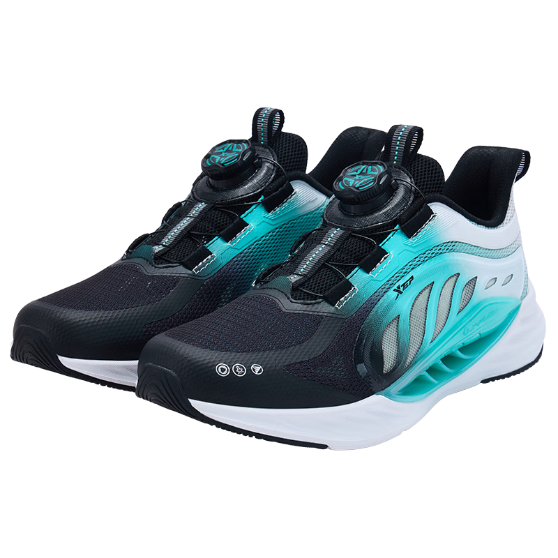 XTEP Kids Hydrogen Wind 8.0 Leather Sports Shoes Boys Dial Running Shoes Black/Aurora Green Size 38