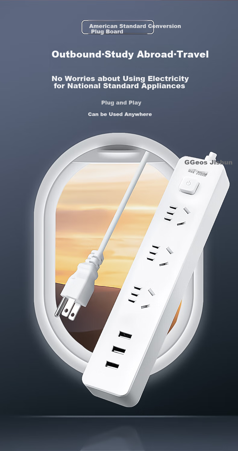 JS JISHUN American Standard Conversion Plug, US And Canadian Power Strip Converter, Power Outlet USB Extension Cord, American to Chinese Philippines Brazil Thailand Travel Adapter, 1.5 Meters 1