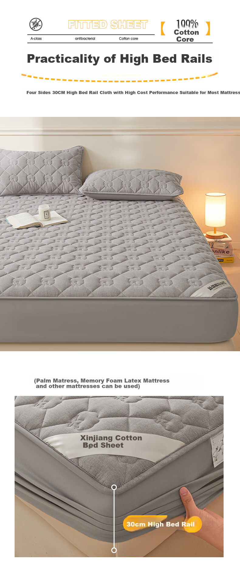 Hodo Class A Pure Cotton Antibacterial Fitted Sheet, Single Piece Thickened Bed Cover, Home Use Mattress Protector Cover, 1.8*2 Meters, Gray 5