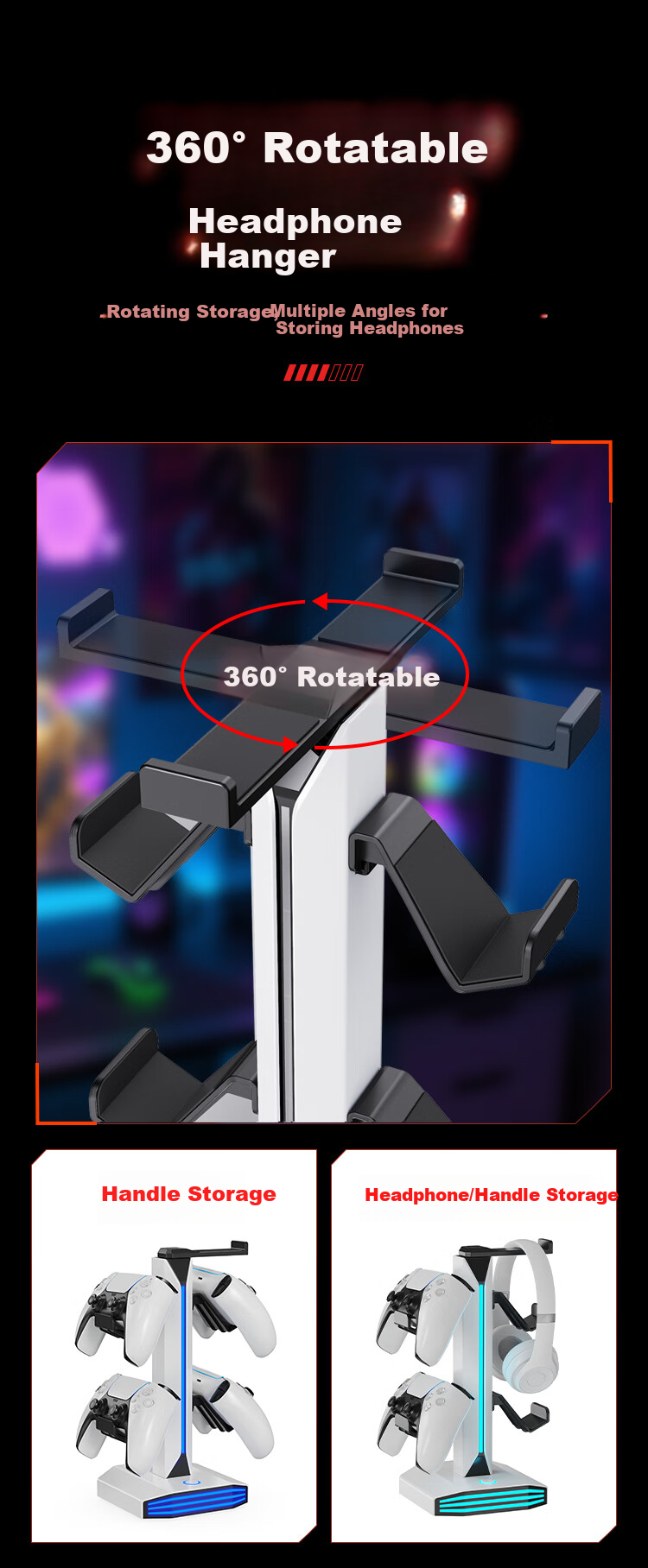 NVV Earphone Handle Stand Two-In RGB Lighting USB Expansion Compatible with PS5/XBOX/Switch Game Controller Storage Stand ROG Headphone Hanger MZ-8006 6