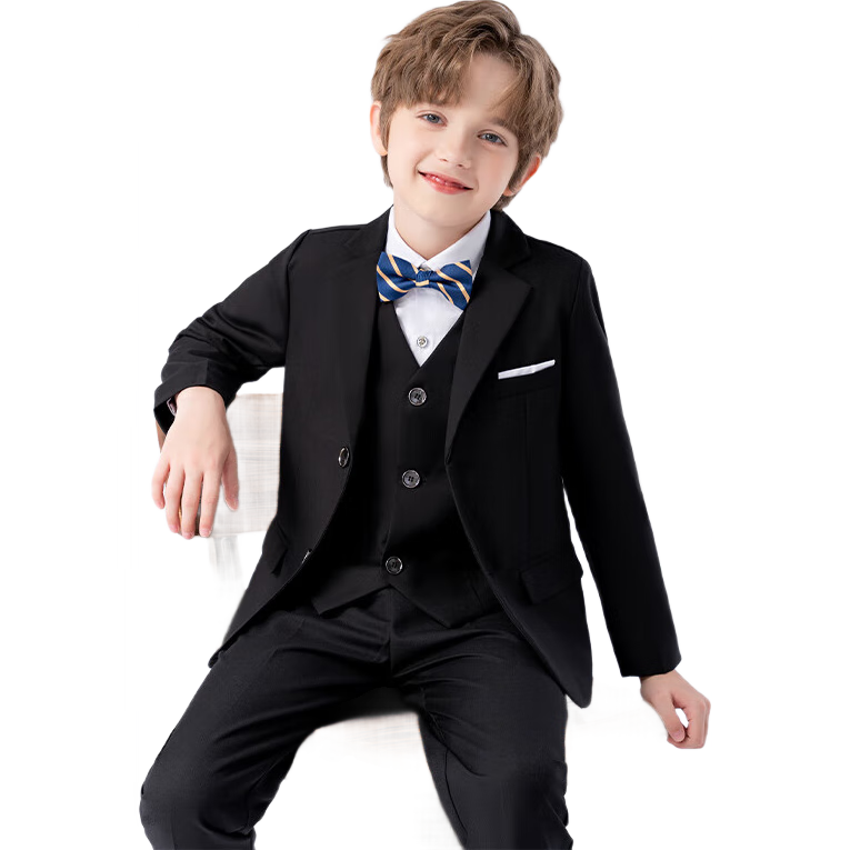 LUOBOBEIBEI Children's Suit, Boys' Solid Color Suit, Flower Boy's New Year Outfit, Formal Wear Set, Black Five-Piece Set, Size 120