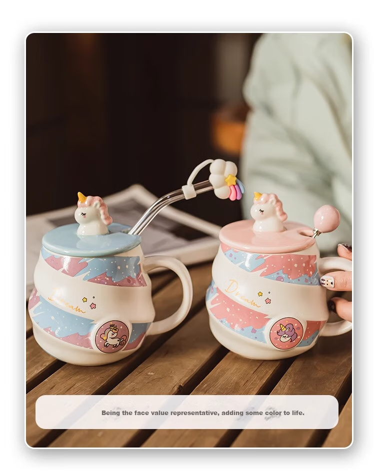 PINYU Mug, Coffee Cup, Ceramic Water Cup, Birthday Gift with Lid And Spoon, Pink Unicorn Design, 400ml Capacity 6