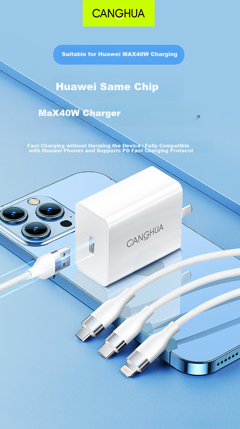CangHua Multi-Functional Charger Three-In Charging Cable Set, 40W Super Fast Charging Head + 5A Three-In Data Cable Suitable for Huawei, Apple IPhone, Xiaomi Phones, And Apple 18 2