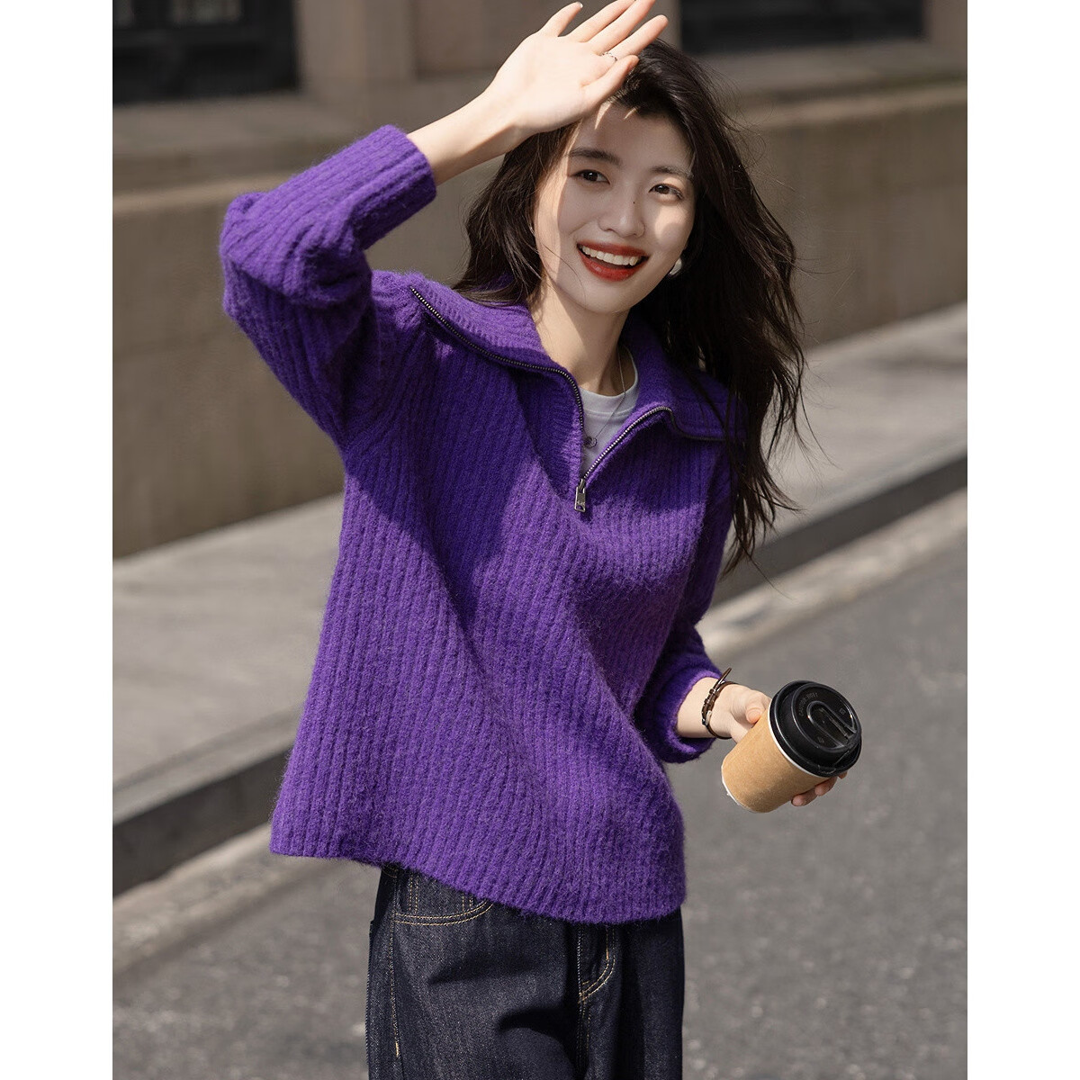 Demana "Warm Secret" Winter Simple Half-Zip Stand Collar Loose Wool Blend Knit Sweater for Women