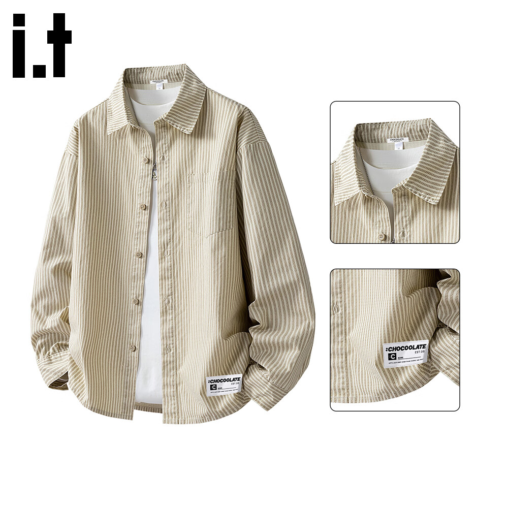 :CHOCOOLATE IT Pure Cotton Striped Long Sleeve Shirt Men Autumn New Loose Lapel Casual Jacket Shirt Beige L